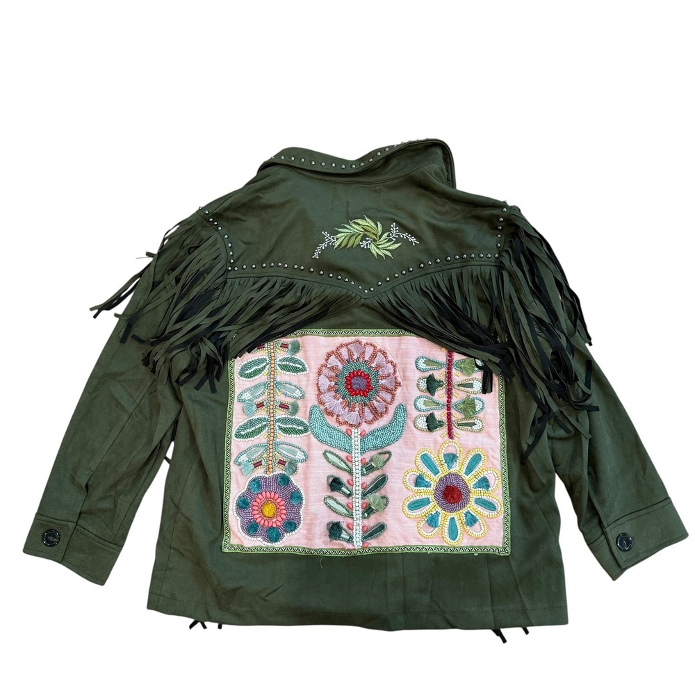 Lesal Upcycled Fringe Jacket Olive Green Beaded Floral Western Boho - Picture 3 of 12